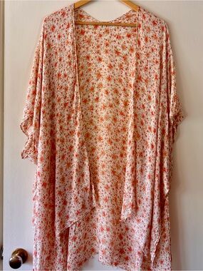 Floral Open-Front Kimono Duster - Cream & Coral Floral Layer Spring Summer Fall